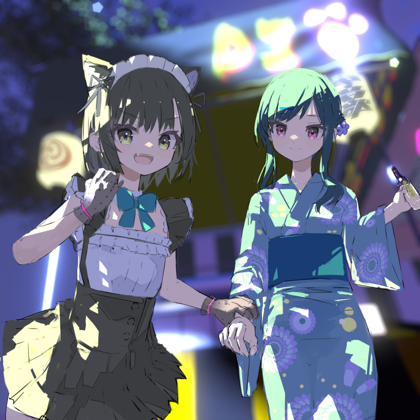 2girls absurdres animal_ears black_gloves black_hair cat_ears denonbu fake_animal_ears festival gloves gurumaruhana highres holding japanese_clothes kimono kurogane_tama long_sleeves looking_at_viewer multiple_girls obi open_mouth sash shinonome_kazune short_hair smile wide_sleeves yukata