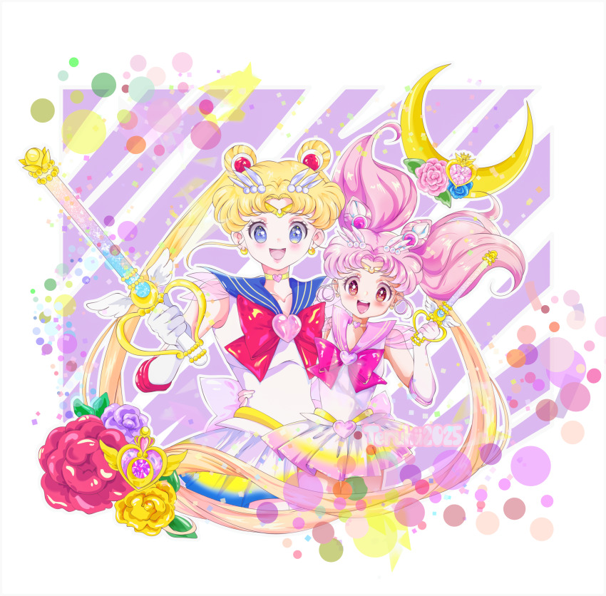 2girls :d bishoujo_senshi_sailor_moon blonde_hair blue_eyes chibi_moon_kaleido_scope_(sailor_moon_eternal) chibi_usa crescent crescent_moon flower holding holding_weapon moon moon_kaleido_scope_(sailor_moon_eternal) mother_and_daughter mother_and_daughter_(lore) multiple_girls open_mouth pink_eyes pink_hair sailor_chibi_moon sailor_moon simple_background smile super_sailor_chibi_moon super_sailor_moon teruhii tsukino_usagi weapon white_background