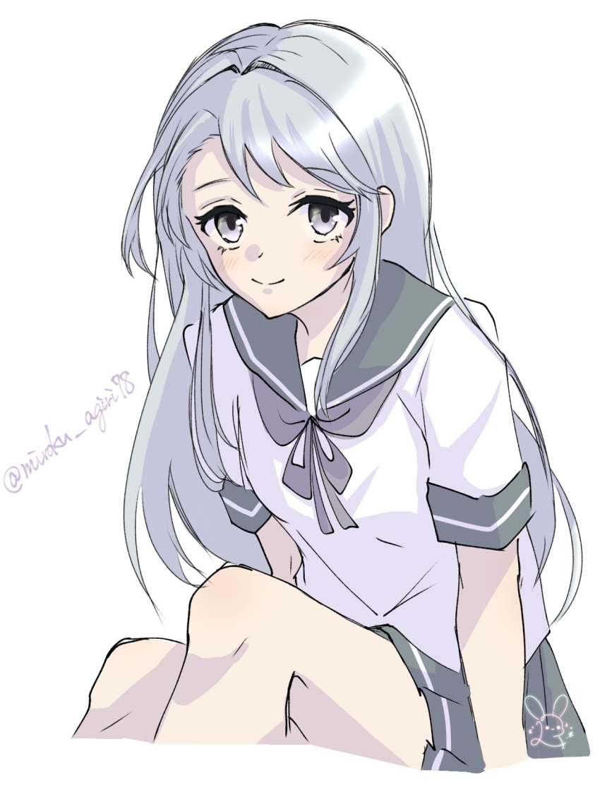 1girl feet_out_of_frame grey_eyes grey_hair grey_sailor_collar highres kantai_collection long_hair miroku_(miroku_agiri78) neckerchief no_hairband one-hour_drawing_challenge pleated_skirt purple_neckerchief purple_skirt sagiri_(kancolle) sailor_collar sailor_shirt school_uniform serafuku shirt simple_background sitting skirt solo white_background white_shirt