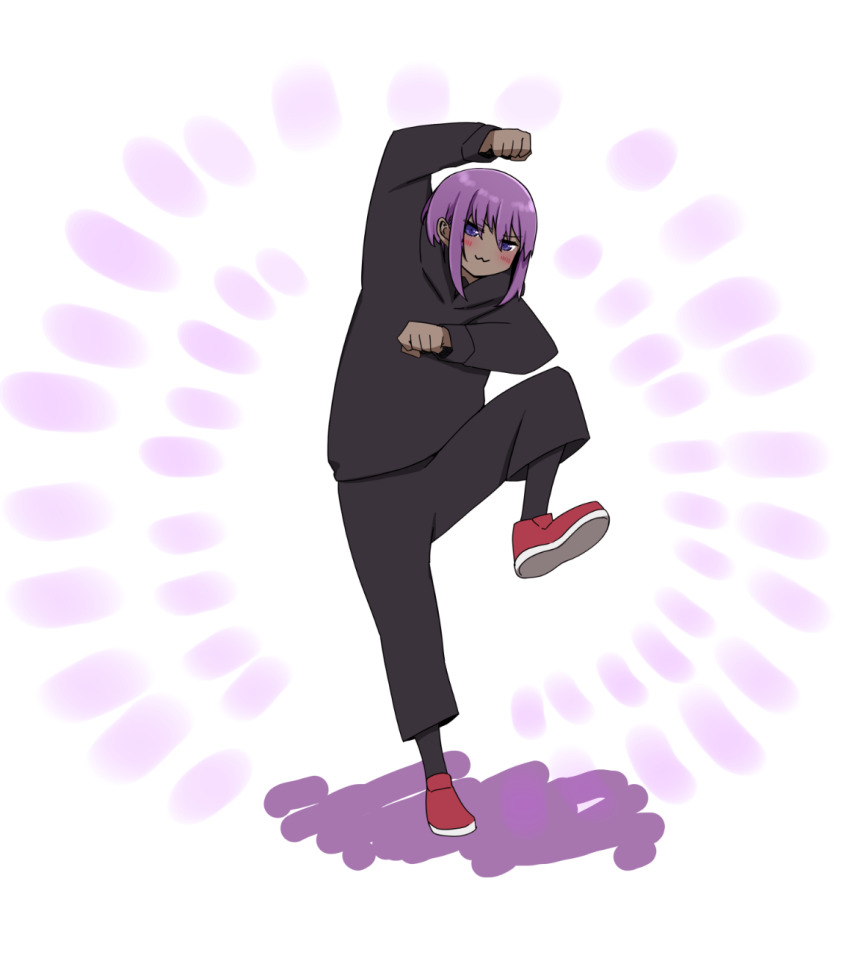 1girl :3 arm_up black_hoodie black_legwear black_pants blush closed_mouth colored_shadow cosplay dark-skinned_female dark_skin fate/prototype fate/prototype:_fragments_of_blue_and_silver fate_(series) full_body hair_between_eyes hassan_of_serenity_(fate) highres hood hood_down hoodie i.u.y itadori_yuuji itadori_yuuji_(cosplay) jujutsu_kaisen loafers long_sleeves looking_at_viewer pants parody purple_eyes purple_hair red_shoes shadow shoes solo standing standing_on_one_leg v-shaped_eyebrows white_background