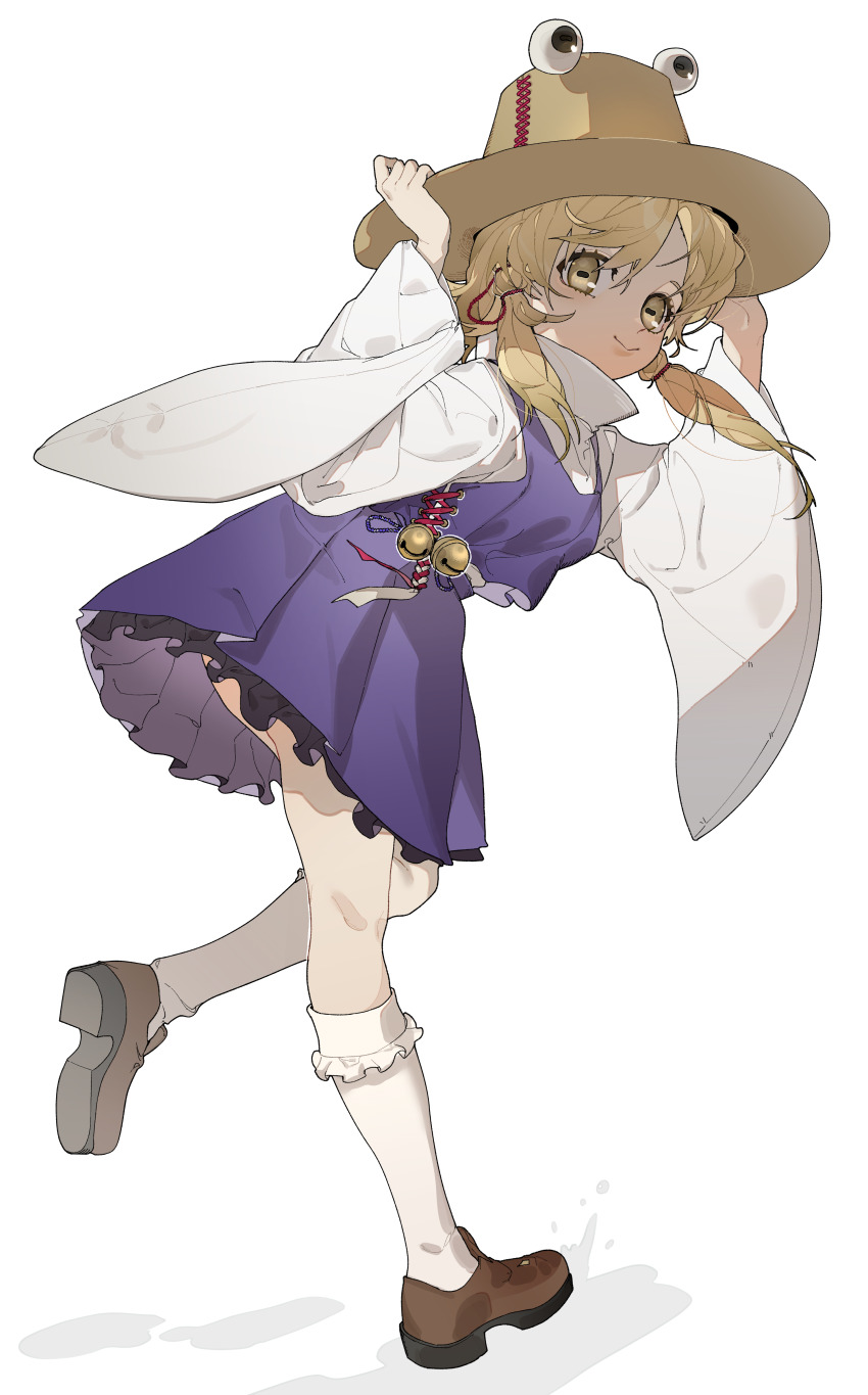 1girl absurdres ass bell blonde_hair brown_shoes closed_mouth collared_shirt commentary cross-laced_clothes cross-laced_vest frilled_skirt frilled_socks frills hands_on_headwear hat highres horizontal_pupils jingle_bell kneehighs long_sleeves looking_at_viewer moriya_suwako purple_skirt purple_vest shadow shimiya_jin shirt shoes short_hair_with_long_locks sidelocks simple_background skirt skirt_set smile socks solo touhou vest walking white_background white_shirt white_socks wide_sleeves yellow_eyes