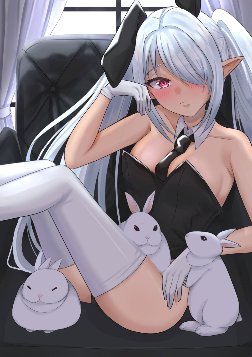 1girl bare_shoulders black_leotard blue_archive blush breasts closed_eyes closed_mouth collarbone commentary_request curtains dark_skin detached_collar dot_nose forehead gloves hair_over_one_eye highres indoors iori_(blue_archive) leotard looking_at_viewer ma0rock medium_breasts necktie parted_bangs playboy_bunny pointy_ears rabbit red_eyes sitting solo split_mouth strapless strapless_leotard tan thighhighs thighs twintails white_gloves white_hair white_thighhighs window