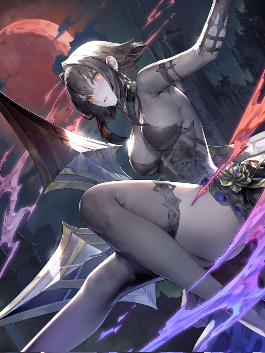 1girl armpits black_hair breasts castle character_request colored_skin commentary copyright_request dress english_commentary full_moon grey_skin grey_thighhighs hair_intakes highres jewelry jung_wonjo large_breasts looking_at_viewer moon night night_sky parted_lips red_moon short_hair sideboob sidelocks sky solo thighhighs thighs weapon yellow_eyes