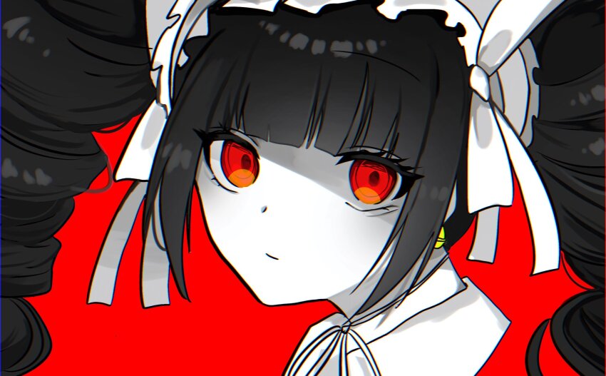 1girl black_hair blunt_bangs celestia_ludenberg closed_mouth danganronpa:_trigger_happy_havoc danganronpa_(series) drill_hair earrings gothic_lolita highres jewelry lolita_fashion long_hair portrait red_eyes ringo_ame_no_ria smile solo twin_drills twintails