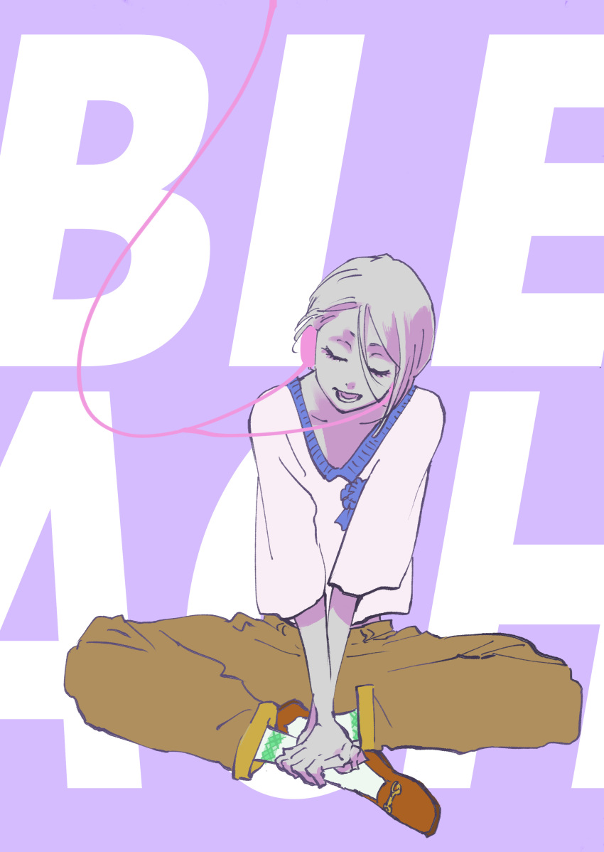 1girl absurdres alternate_color alternate_costume bleach brown_pants closed_eyes commentary_request contemporary copyright_name earphones eyelashes facing_viewer full_body grey_hair hair_between_eyes highres indian_style kubo_tite kuchiki_rukia long_sleeves lower_teeth_only official_art open_mouth pants purple_background shirt short_hair simple_background sitting solo teeth v_arms white_shirt wide_sleeves
