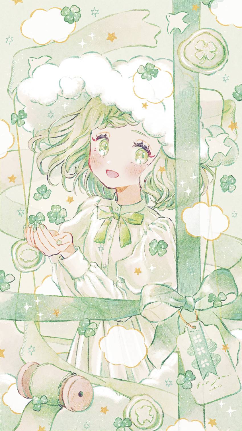 1girl :d absurdres blush bow bowtie braid braided_bangs cloud_hat clover commentary_request cowboy_shot dress four-leaf_clover green_eyes green_hair hat highres juliet_sleeves long_sleeves looking_at_viewer open_mouth original puffy_sleeves ryokuno_green short_hair smile solo sparkle standing steam white_dress white_hat yarn