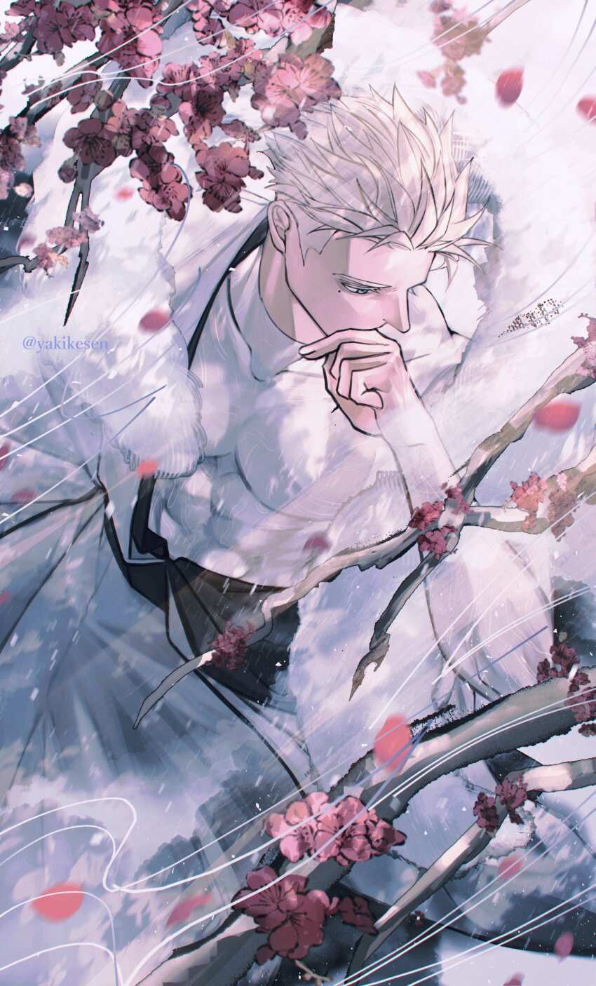 1boy abs absurdres branch cherry_blossoms collarbone flower from_above grey_eyes highres long_sleeves looking_to_the_side male_focus millions_knives mole mole_under_eye pectorals plum_blossoms short_hair solo trigun trigun_stampede twitter_username undercut yakikesen
