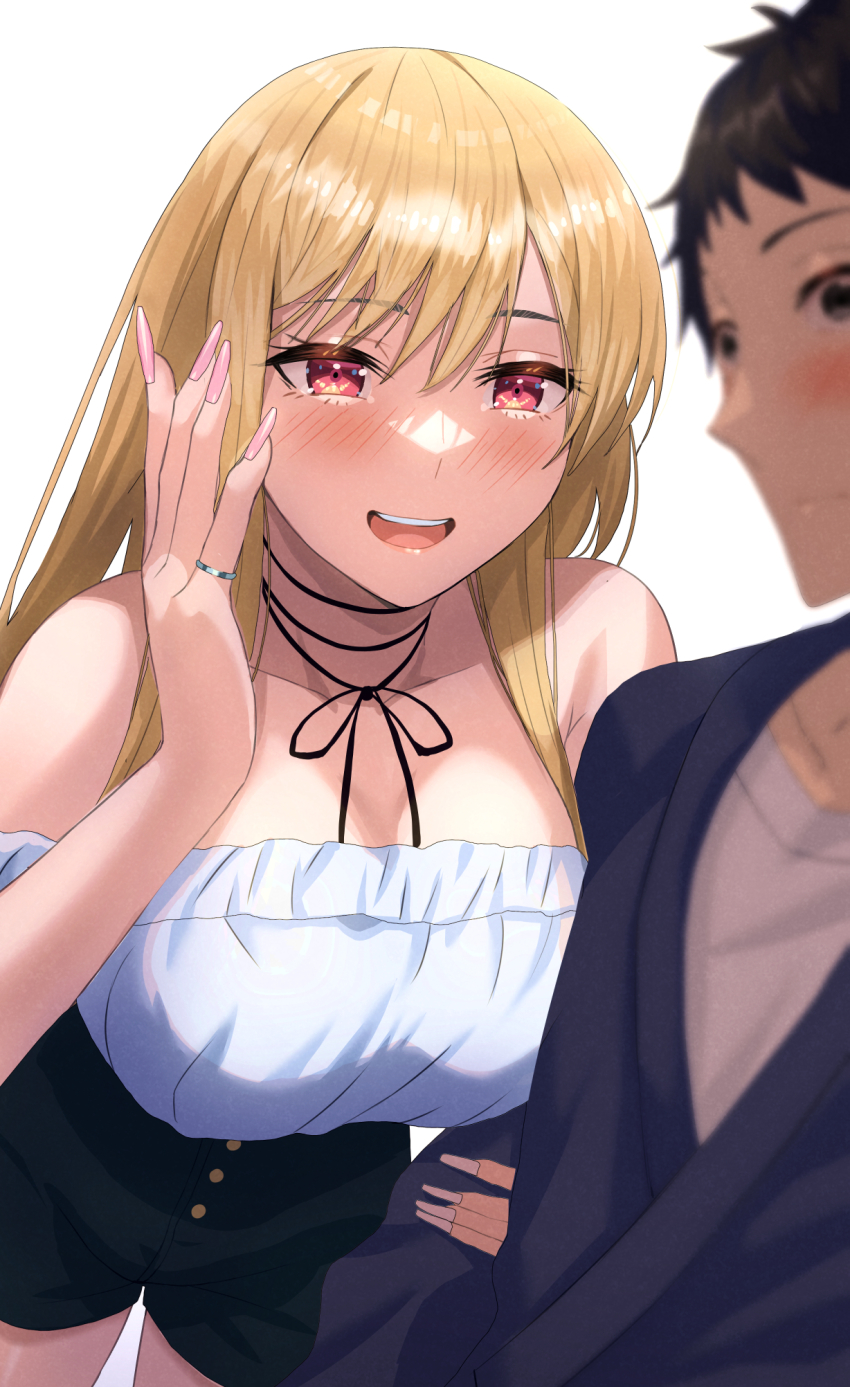 1boy 1girl bare_shoulders beppu_mitsunaka black_hair black_shorts blonde_hair blue_shirt blush breasts cleavage collarbone gojou_wakana grey_eyes highres kitagawa_marin large_breasts long_hair off_shoulder open_mouth red_eyes shirt short_hair shorts smile sono_bisque_doll_wa_koi_wo_suru thighs white_shirt
