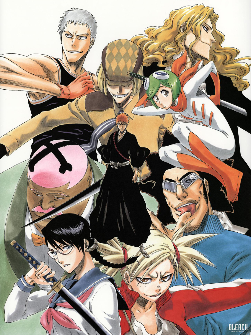 3girls 5boys afro aikawa_love biceps black_hair bleach blonde_hair braid breasts facial_hair freckles glasses grin hat highres hirako_shinji holding holding_sword holding_weapon jumping jumpsuit kubo_tite kuna_mashiro kurosaki_ichigo long_hair muguruma_kensei multiple_boys multiple_girls muscular mustache official_art ootoribashi_roujuurou orange_hair salute sarugaki_hiyori school_uniform shirt short_hair smile sunglasses sword twintails ushouda_hachigen weapon white_shirt yadoumaru_lisa