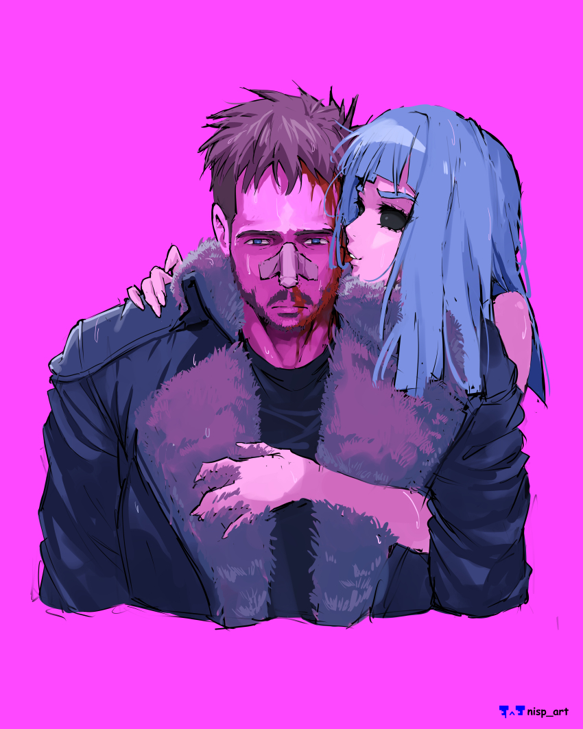 1boy 1girl absurdres bandage_on_nose beard black_eyes blade_runner blade_runner_2049 blood blue_eyes blue_hair brown_hair coat cropped_torso facial_hair fur-trimmed_coat fur_trim highres hug joi k_(blade_runner_2049) looking_down meme nisp_art pink_background russian_commentary ryan_gosling translation_request upper_body you_look_lonely_(meme)