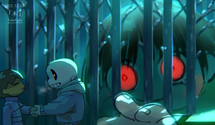 1boy 2others artist_name black_hair blue_jacket blue_shirt chara_(undertale) child closed_eyes closed_mouth dated evil_smile frisk_(undertale) highres holding_hands hood hood_down hooded_jacket jacket korokor59513559 looking_at_another multiple_others reaching red_eyes sans_(undertale) shirt short_hair skeleton smile teeth twitter_username undertale