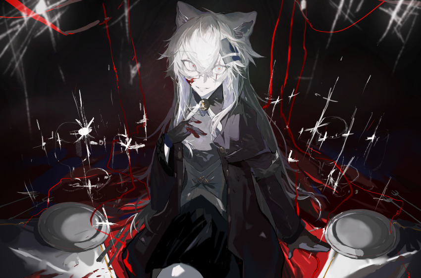 1girl absurdres animal_ears arknights black_coat black_gloves black_shirt black_skirt blood blood_on_face chinese_commentary coat commentary_request glint gloves grin hair_ornament hairclip hand_on_own_chest highres kuma_(yoooooooo152) lappland_(arknights) long_hair long_sleeves open_clothes open_coat pale_skin plate shirt sitting skirt smile solo white_hair wolf_ears