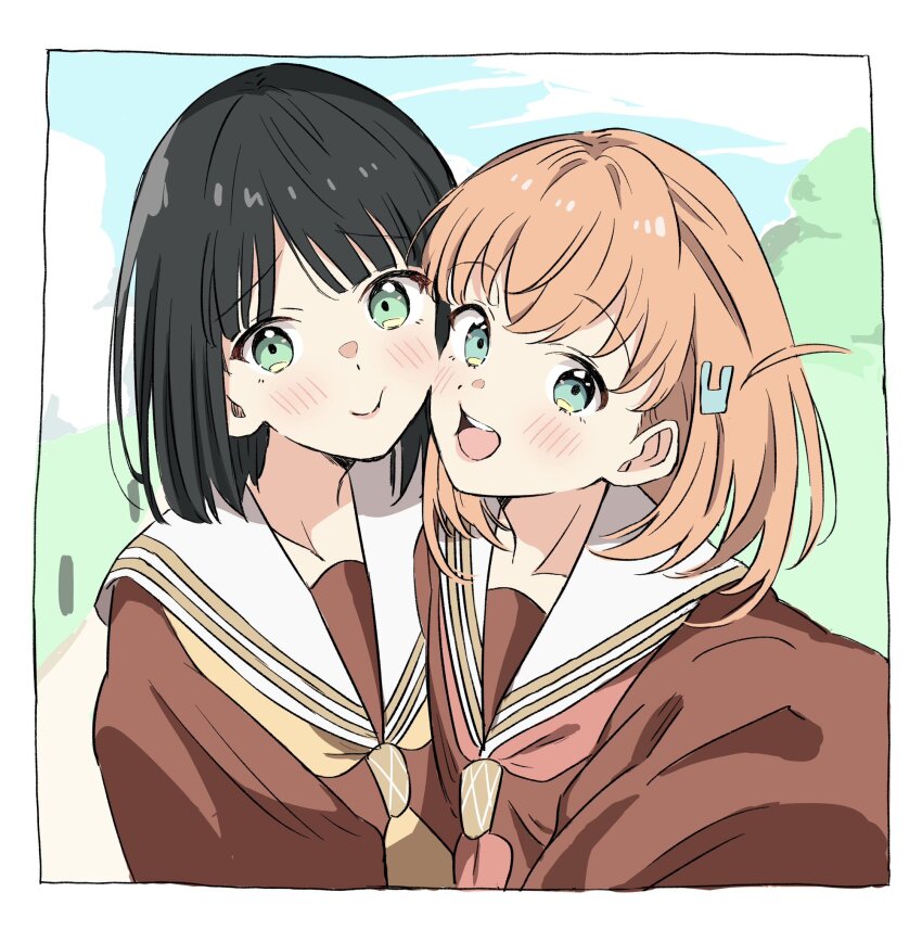 2girls :d :t aqua_eyes bien_(djpwjd1) black_hair blue_sky blunt_bangs blunt_ends blush bob_cut border brown_dress cerise_bouquet cheek-to-cheek cheek_press closed_mouth cloud commentary day dress green_eyes hair_ornament hasu_no_sora_school_uniform heads_together highres hinoshita_kaho link!_like!_love_live! long_sleeves looking_at_viewer love_live! momose_ginko multiple_girls neckerchief open_mouth orange_hair outdoors rabbit_hair_ornament red_neckerchief sailor_collar sailor_dress school_uniform selfie short_hair sky smile symbol-only_commentary two_side_up upper_body virtual_youtuber white_border white_sailor_collar winter_uniform yellow_neckerchief