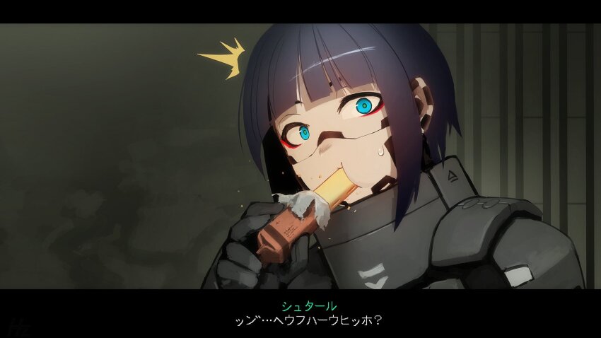 1girl android armor black_gloves black_hair blue_eyes caloriemate commentary commentary_request eating eyeshadow gloves hetza_(hellshock) looking_at_viewer makeup red_eyeshadow robot_girl short_hair sidelocks signalis solo speech_bubble star_(signalis) surprised sweatdrop translation_request