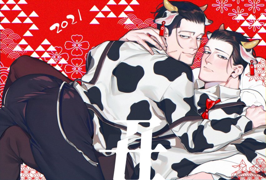 2021 2boys animal_ears animal_print ass black_eyes black_hair black_pants chinese_zodiac cow_boy cow_ears cow_horns cow_print facial_hair facial_scar golden_kamuy hair_slicked_back hair_strand hanazawa_yusaku highres hisknn horns leg_between_thighs looking_at_viewer male_focus mature_male multiple_boys ogata_hyakunosuke on_person pants scar scar_on_cheek scar_on_face short_hair sideburns smile spread_legs stubble undercut yaoi year_of_the_ox