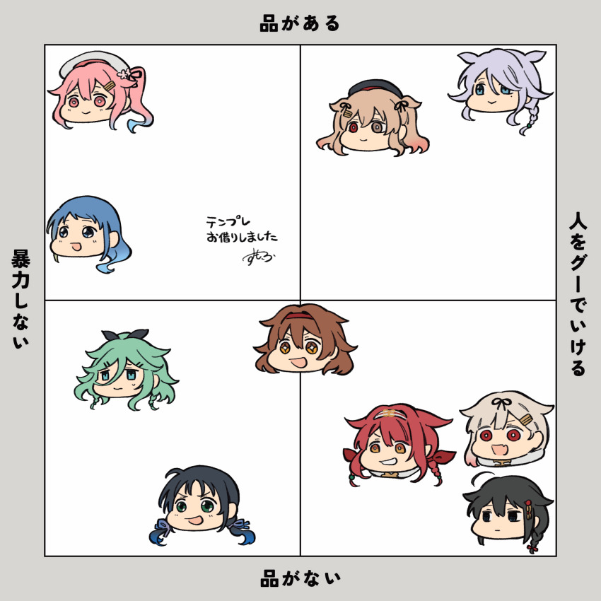 6+girls ahoge black_hair black_ribbon blonde_hair blue_eyes blue_hair braid brown_eyes brown_hair gradient_hair green_hair hair_flaps hair_ornament hair_over_shoulder hair_ribbon hairband hairclip harusame_(kancolle) highres kantai_collection kawakaze_(kancolle) kawakaze_kai_ni_(kancolle) long_hair low_twintails multicolored_hair multiple_girls murasame_(kancolle) murasame_kai_ni_(kancolle) pink_eyes pink_hair red_eyes red_hair red_hairband ribbon samidare_(kancolle) scarf shigure_(kancolle) shigure_kai_ni_(kancolle) shiratsuyu_(kancolle) side_ponytail single_braid sumoffu suzukaze_(kancolle) translation_request twintails umikaze_(kancolle) white_scarf yamakaze_(kancolle) yamakaze_kai_ni_(kancolle) yuudachi_(kancolle) yuudachi_kai_ni_(kancolle)