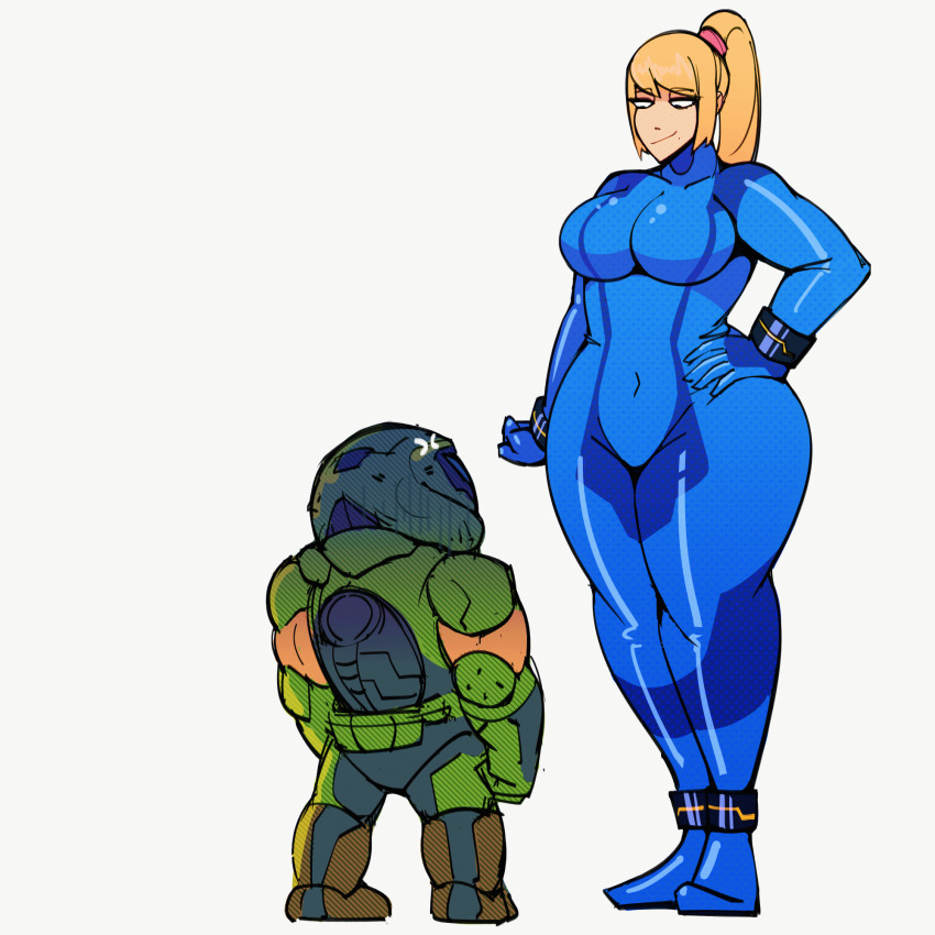 1boy 1girl animated animated_gif anklet armor blonde_hair blue_bodysuit bodysuit bracelet breasts cdlum covered_navel crossover curvy doom_(2016) doom_(series) doom_i doomguy hand_on_own_hip height_difference helmet highres jewelry large_breasts long_hair looking_at_another looking_down metroid nintendo ponytail samus_aran smile taller_female thick_thighs thighs white_background wide_hips zero_suit
