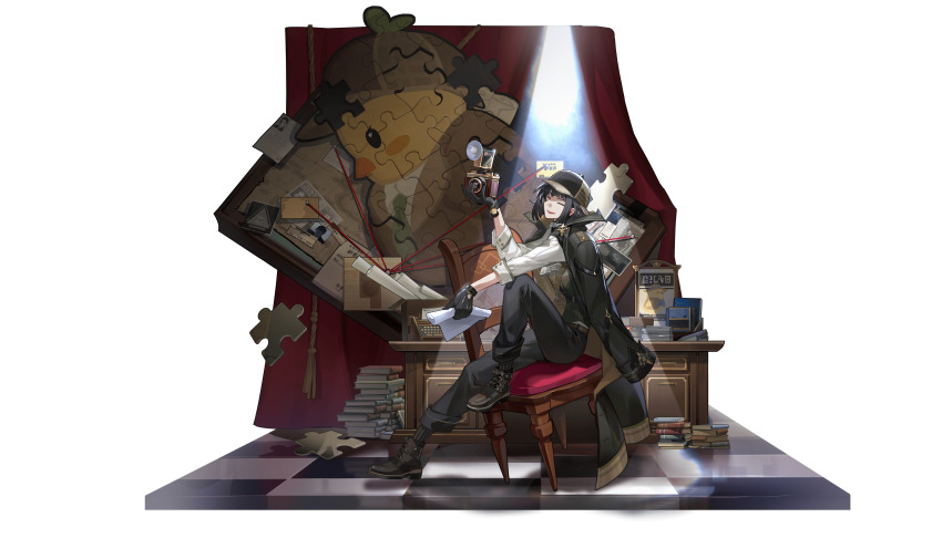 1boy absurdres ankle_boots arm_on_knee black_boots black_coat black_gloves black_hair black_pants black_socks bob_cut book book_stack boots brown_hat brown_vest camera chair checkered_floor closed_eyes coat coat_on_shoulders curtains deerstalker desk detective evidence_board faux_figurine full_body gloves hand_up hat highres holding holding_camera holding_paper jigsaw_puzzle knee_up male_focus official_art on_chair open_mouth pants paper puzzle puzzle_piece rememento:_white_shadow roussin_(rememento) shirt short_hair sitting smile socks solo spotlight transparent_background typewriter vest white_shirt