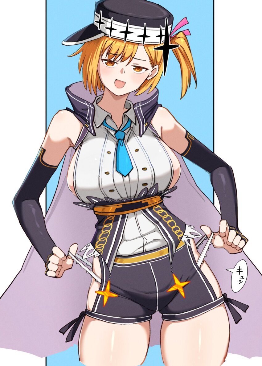 1girl alternate_costume blonde_hair breasts cape elbow_gloves gloves hat highres hip_vent large_breasts minorun9 necktie nue_no_onmyouji panties panty_pull shorts side_ponytail sideboob smug suo_kazusa underwear yellow_eyes