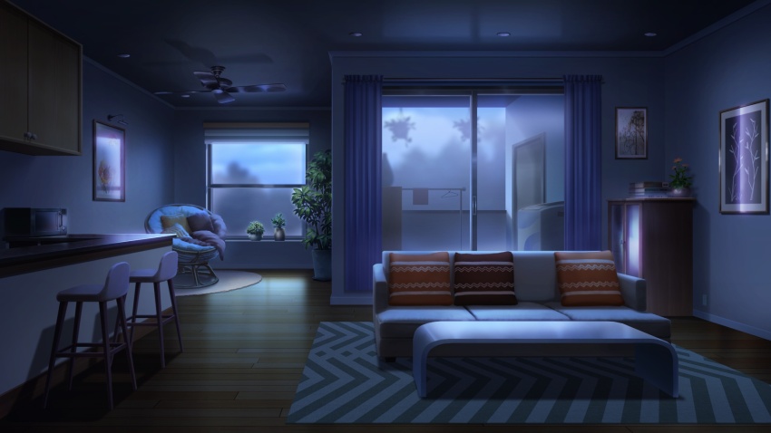 balcony ball_chair bar_chair book book_stack cabinet carpet ceiling_fan ceiling_light clothes_hanger clothesline couch dark drawer hanging_plant highres indoors living_room microwave morning no_humans non-web_source official_art our_life our_life:_beginnings_and_always photo_(object) pillow plant potted_plant rug scenery sunrise table variant_set washing_machine window_light wooden_floor