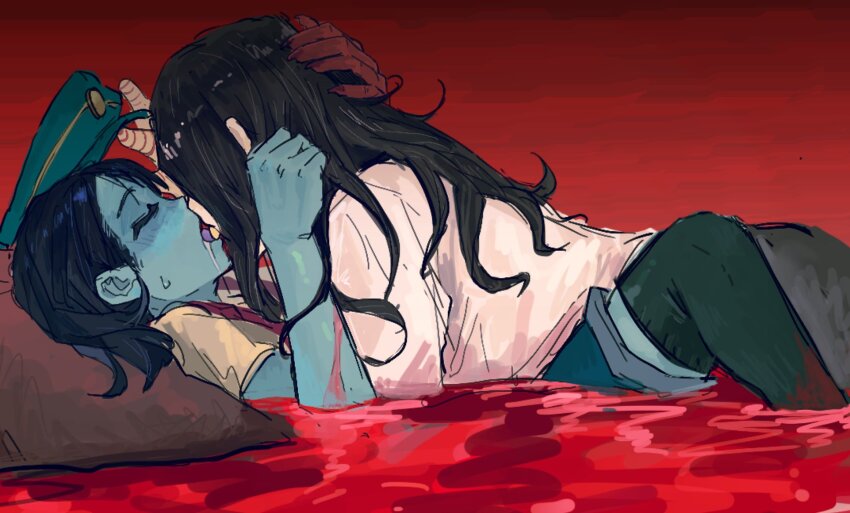 2girls asliatvt black_hair black_thighhighs blue_skin closed_eyes colored_skin coral_glasses ena_(dream_bbq) ena_(series) green_hat hangover_ena hat highres kiss multiple_girls saliva short_sleeves thighhighs yuri