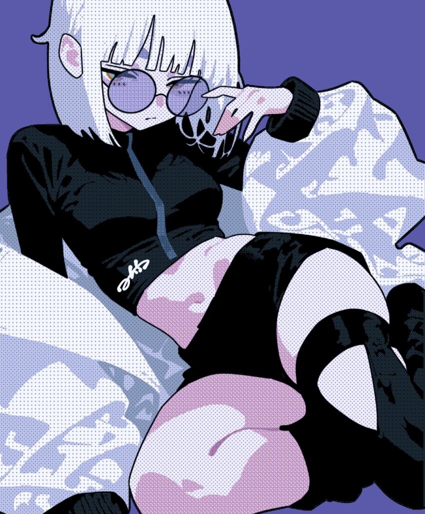 1girl asymmetrical_legwear black_shirt black_shorts black_socks black_thighhighs brown_eyes closed_mouth coat coat_partially_removed commentary_request crop_top cropped_shirt dithering expressionless full_body glasses hand_up highres long_sleeves medium_hair midriff minminmince navel original purple_background reclining round_eyewear shirt short_shorts shorts simple_background single_thighhigh socks solo thighhighs white_coat white_hair