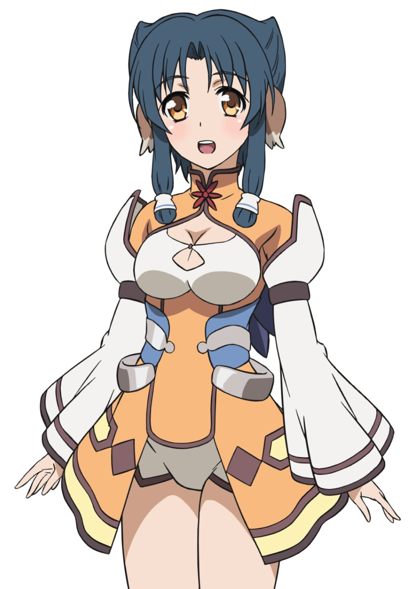 1girl ainu_clothes animal_ears aquaplus atuy bare_legs blue_hair blush breasts cleavage cleavage_cutout clothing_cutout cowboy_shot dress gradient_eyes hair_over_shoulder highres large_breasts legs_together long_sleeves looking_at_viewer multicolored_eyes nakata_masahiko official_art open_mouth orange_eyes parted_bangs raised_eyebrows short_hair_with_long_locks short_shorts shorts sidelocks solo standing teeth thighs thighs_together tongue transparent_background utawarerumono utawarerumono:_futari_no_hakuoro utawarerumono:_itsuwari_no_kamen white_fox_(company) wide_sleeves