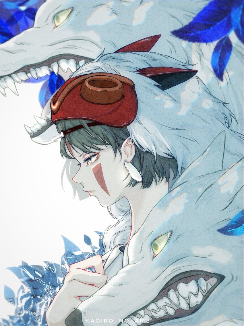1girl aoiro_no_ame artist_name black_hair earrings facepaint fur highres jewelry leaf mononoke_hime moro_no_ichizoku necklace pelt san_(mononoke_hime) short_hair solo teeth tooth_necklace wolf yellow_eyes