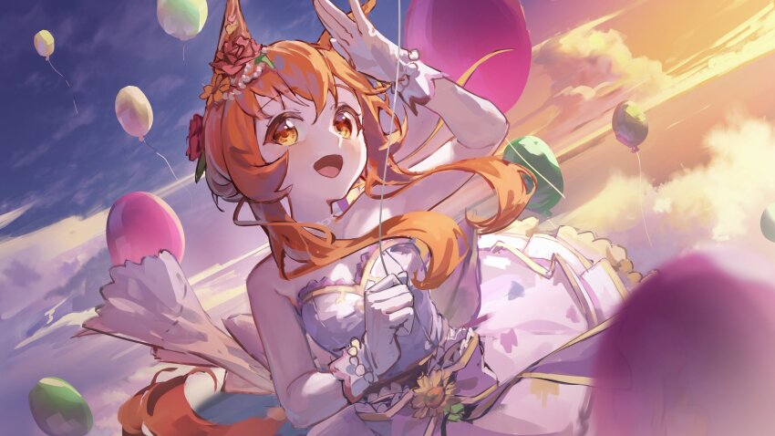 1girl absurdres animal_ears arm_up balloon bare_shoulders breasts choker cleavage cloud dress flower gloves hair_flower hair_ornament highres holding holding_balloon horse_ears horse_girl horse_tail long_hair looking_at_viewer mayano_top_gun_(sunlight_bouquet)_(umamusume) mayano_top_gun_(umamusume) midair open_mouth orange_eyes orange_hair outdoors salute small_breasts smile solo strapless strapless_dress tail umamusume white_dress white_gloves yu_hydra