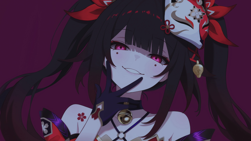 1girl absurdres bare_shoulders bell black_choker brown_hair butterfly-shaped_pupils choker dress evil_grin evil_smile flower_tattoo fox_mask fuminshou_(nekopan_art) grin half-closed_eyes halterneck hand_on_own_face highres honkai:_star_rail honkai_(series) looking_at_viewer mark_under_both_eyes mask mask_on_head neck_bell pink_eyes red_background red_dress red_sleeves shaded_face simple_background smile solo sparkle_(honkai:_star_rail) symbol-shaped_pupils tattoo twintails