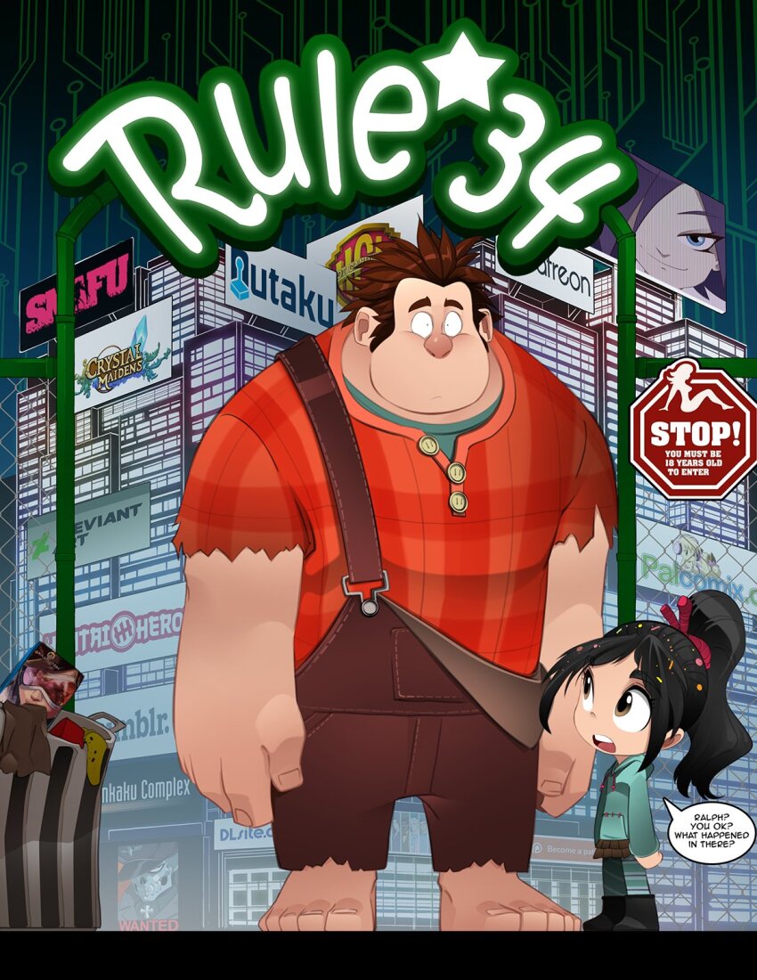 1boy 1girl aqua_hoodie aqua_pants barefoot black_footwear black_hair bleedman brown_eyes brown_hair building chain-link_fence closed_mouth commentary copyright_request deviantart dlsite.com english_commentary english_text fence full_body hentai_heroes highres implied_pornography long_sleeves male_focus meme nutaku open_mouth overalls overwatch pants patreon plaid_clothes plaid_shirt ponytail red_overalls red_shirt rule34.xxx rule_34_(meme) sankaku_complex shadman_(avatar) shirt short_sleeves size_difference skirt speech_bubble thousand_yard_stare torn_clothes tracer_(overwatch) trash_can tumblr urban vanellope_von_schweetz wanted_poster warner_bros wreck-it_ralph wreck-it_ralph_(character) zone-tan