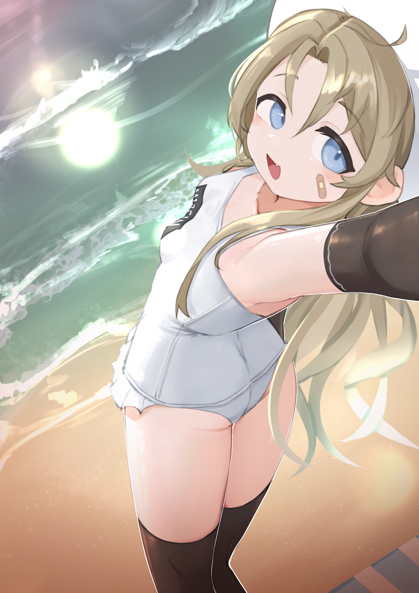 1girl absurdres alternate_costume arm_up bandaid bandaid_on_cheek bandaid_on_face beach black_thighhighs blonde_hair blue_eyes collarbone colt_m1851n_(girls&#039;_frontline) cowboy_shot daebom elbow_gloves fang girls&#039;_frontline gloves hat highres long_hair looking_at_viewer one-piece_swimsuit open_mouth solo standing swimsuit thighhighs white_hat white_one-piece_swimsuit