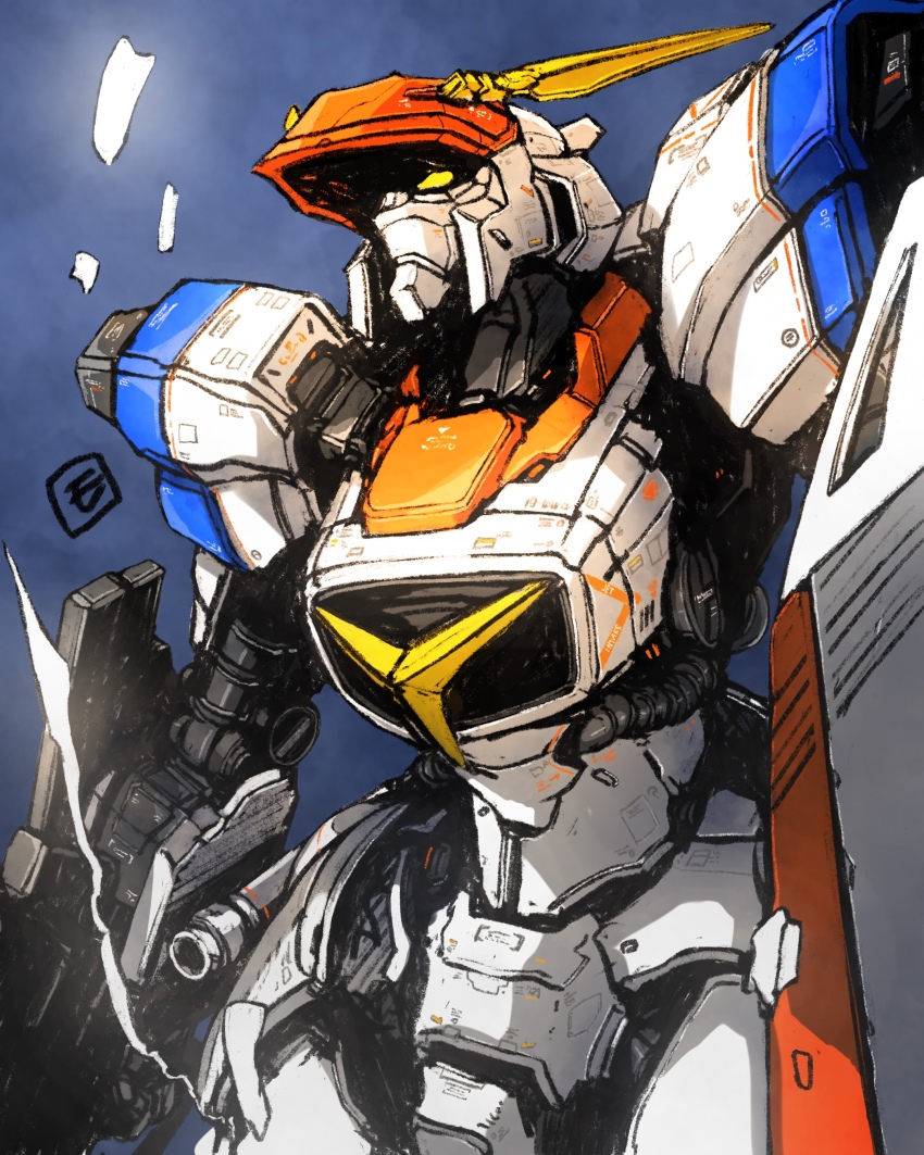 absurdres blue_background cable clenched_hand d-1 head_tilt highres kikou_senki_dragonar mecha moyan no_humans procreate_(medium) robot science_fiction shield solo yellow_eyes