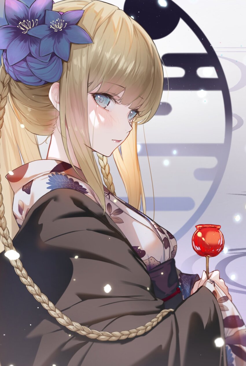1girl black_coat blonde_hair blue_eyes braid candy candy_apple closed_mouth coat commentary_request fate/grand_order fate_(series) floral_print food from_side haori highres holding holding_candy holding_food japanese_clothes kimono long_hair long_sleeves looking_at_viewer morgan_le_fay_(fate) morgan_le_fay_(fgo_fes._2023)_(fate) obi ponytail sash side_braid sidelocks sideways_glance solo upper_body ura_illust white_kimono