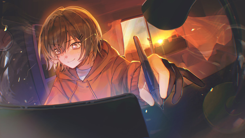 1girl absurdres bright_pupils brown_hair brown_hoodie closed_mouth commentary_request curtains desk_lamp floating_curtains hair_between_eyes hair_ornament hairclip highres holding holding_stylus hood hoodie indoors lamp long_bangs myimoi original parallel_hairclips short_hair smile solo star-shaped_pupils star_(symbol) stylus sun sunset sweat symbol-shaped_pupils upper_body white_pupils
