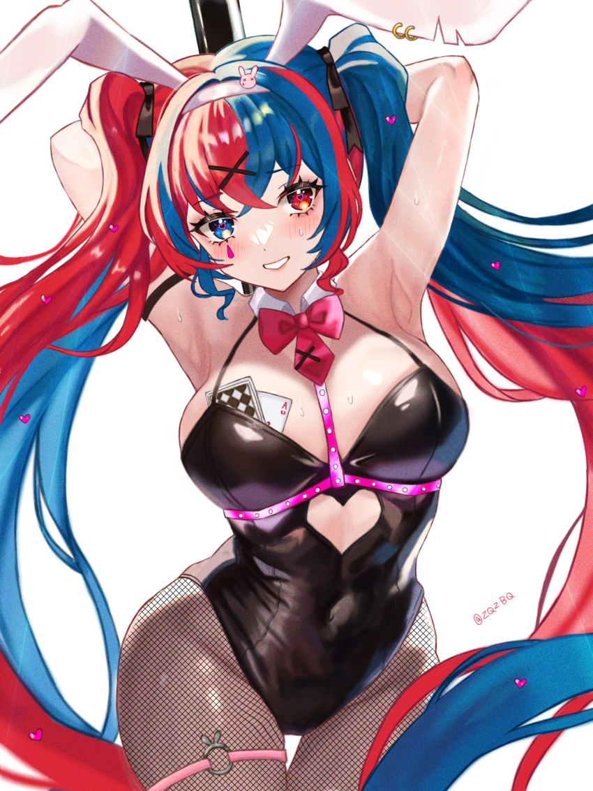1girl female_alear_(fire_emblem) alternate_costume alternate_hairstyle animal_ears bare_shoulders black_leotard blue_eyes blue_hair blush breasts bunny_day card clothing_cutout crossed_bangs cutout_above_navel detached_collar fake_animal_ears fire_emblem fire_emblem_engage hair_ornament heart_cutout heterochromia highres leotard long_hair looking_at_viewer multicolored_hair nintendo object_in_bra object_in_clothes pantyhose playboy_bunny rabbit_ears rabbit_hole_(vocaloid) red_eyes red_hair smile solo split-color_hair teardrop_facial_mark twintails two-tone_hair very_long_hair x_hair_ornament zqzbq