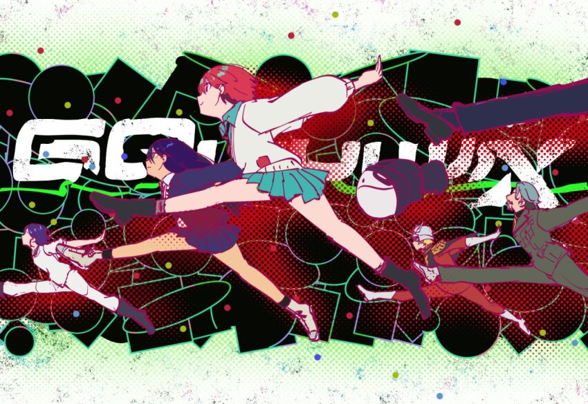 2girls 3boys amate_yuzuriha beanie black_boots black_hair black_hat blue_boots blue_hair blue_jacket blue_pants blue_shirt blue_skirt blue_sky boots bow challia_bull char_aznable character_request cloud collared_shirt commentary_request day diagonal-striped_clothes diagonal-striped_necktie engiyoshi gloves grey_bow grey_gloves grey_helmet grey_jacket grey_pants grey_socks grey_sweater gundam gundam_gquuuuuux haro hat helmet horizon jacket jumping long_hair long_sleeves multiple_boys multiple_girls naruto_(series) naruto_shippuuden necktie nyaan_(gundam_gquuuuuux) ocean open_clothes open_jacket outdoors pants parody puffy_long_sleeves puffy_sleeves red_hair red_jacket red_pants robot scene_reference shirt shuji_ito skirt sky socks striped_clothes sweater very_long_hair water white_pants white_shirt