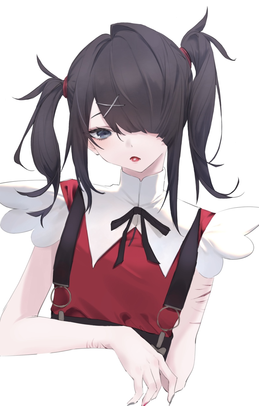 1girl absurdres ame-chan_(needy_girl_overdose) black_eyes black_hair black_ribbon collar collared_shirt cuts drugs hair_ornament hair_over_one_eye highres injury jirai_kei multicolored_nails neck_ribbon needy_girl_overdose red_shirt ribbon scar scar_on_arm self-harm self-harm_scar shirt simple_background solo spmkwy suspenders twintails white_background white_collar wrist_cutting x_hair_ornament