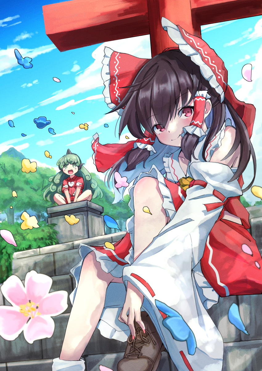 2girls absurdres ascot blue_flower blue_sky blush bow brown_hair brown_shoes closed_mouth cloud commentary_request curly_hair day detached_sleeves falling_flower flower frilled_bow frilled_hair_tubes frills green_eyes green_hair hair_bow hair_tubes hakurei_reimu highres horns kariyushi_shirt komainu_ears komainu_girl komano_aunn long_hair looking_at_viewer multiple_girls outdoors pink_flower red_bow red_eyes red_shirt red_shorts ribbon-trimmed_sleeves ribbon_trim shirt shoes short_sleeves shorts single_horn sitting sitting_on_stairs skirt skirt_set sky smile stairs torii touhou very_long_hair yellow_ascot yuuka_(a0240765)