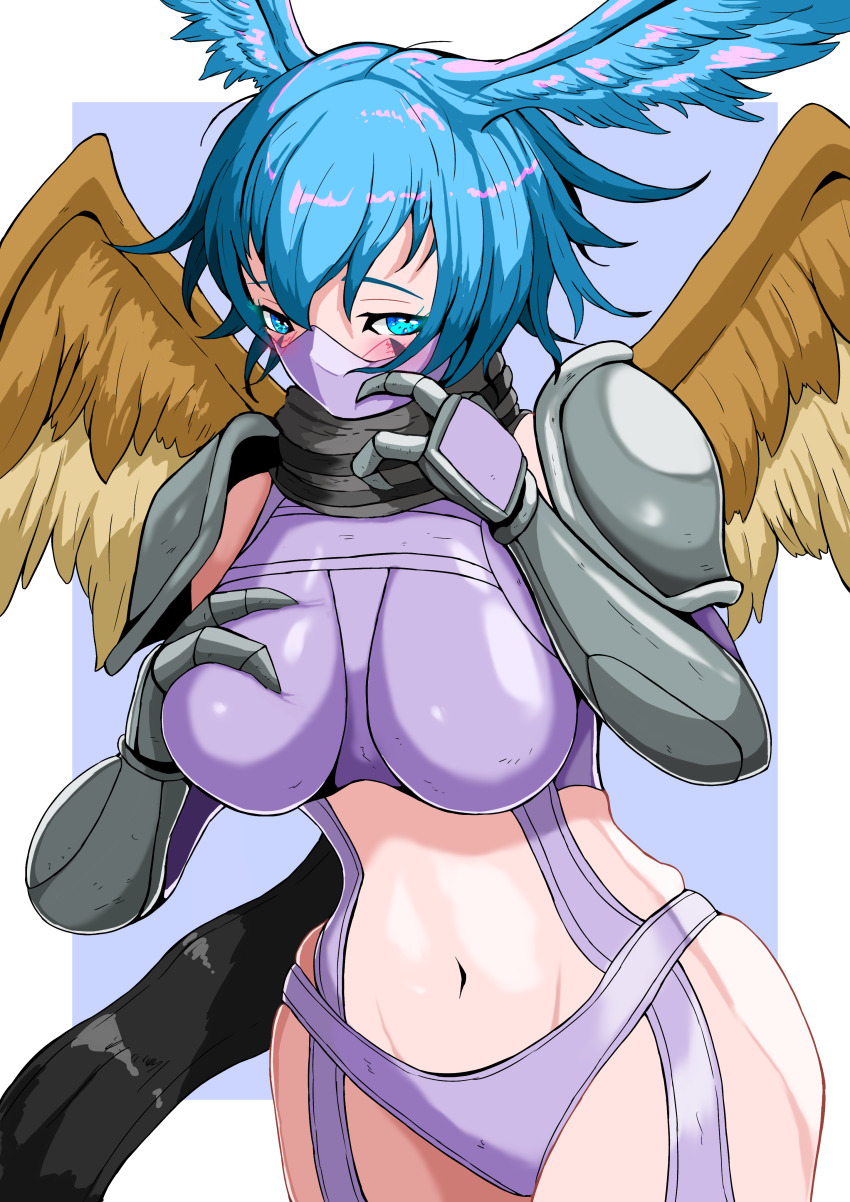 1girl absurdres armor bird_wings black_scarf blue_eyes blue_hair blush border breasts claws commentary_request digimon digimon_(creature) digimon_frontier grabbing_own_breast highres large_breasts looking_at_viewer mask midriff mouth_mask navel ninja_mask no_humans purple_background purple_mask sawa_d scarf short_hair shoulder_armor shutumon solo upper_body white_border wings