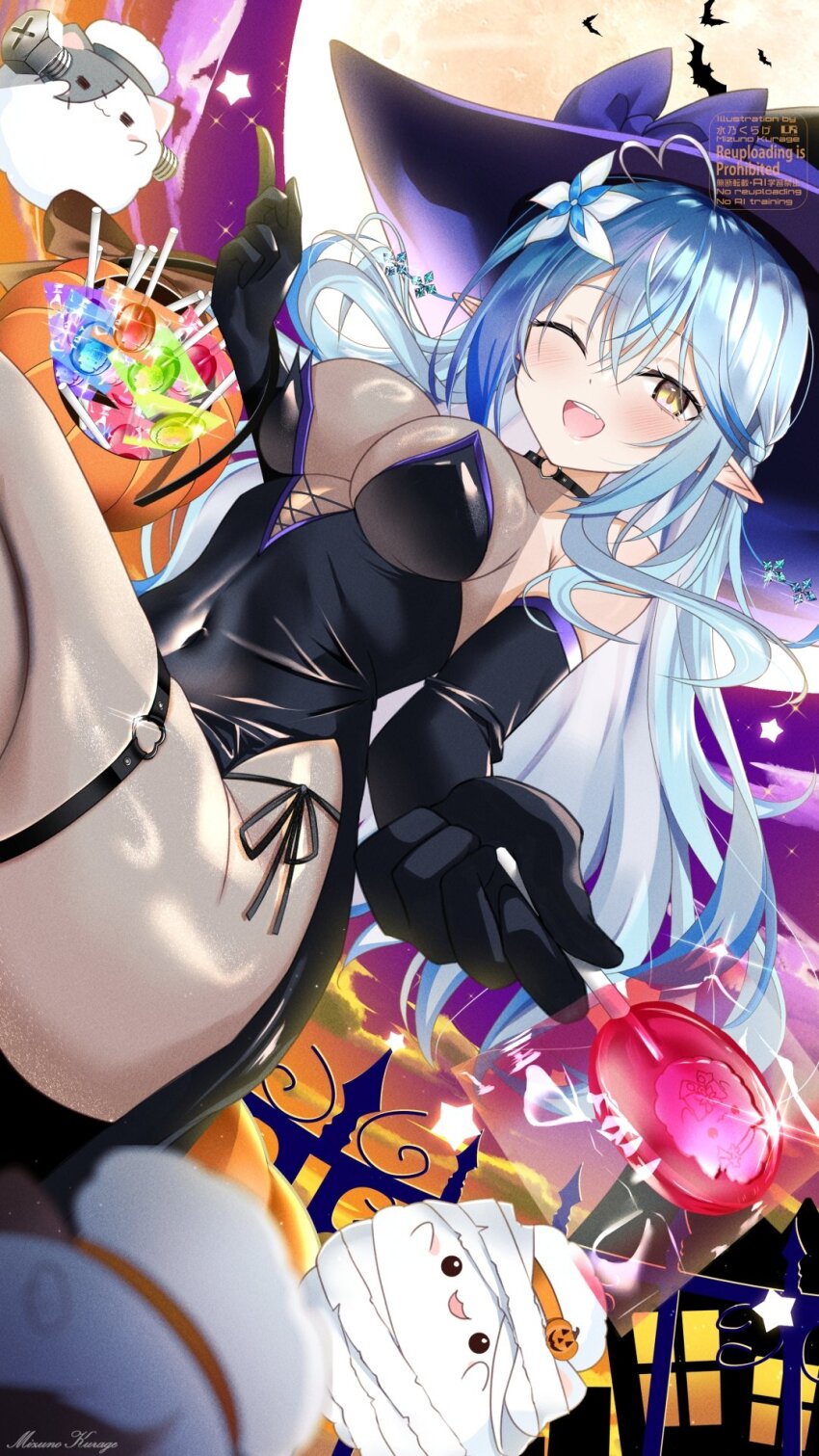 1girl ahoge bare_shoulders black_gloves black_hat black_panties blue_hair blush bodystocking breasts candy cleavage cowboy_shot elbow_gloves food full_moon gloves halloween hat heart heart_ahoge highres holding holding_candy holding_food holding_lollipop hololive large_breasts lollipop mizuno_kurage moon one_eye_closed open_mouth panties pointy_ears see-through_clothes side-tie_panties smile sunset underwear virtual_youtuber witch witch_hat yellow_eyes yukihana_lamy yukimin_(yukihana_lamy)
