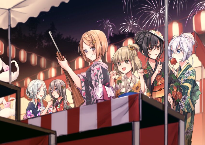 6+girls :d aerial_fireworks alternate_costume alternate_hairstyle aoba_chika black_hair black_kimono blonde_hair blue_eyes blue_hair blunt_bangs braid brown_eyes brown_hair candy_apple commentary_request cowboy_shot feeding fireworks floral_print flower food green_kimono grey_hair gun hair_between_eyes hair_bun hair_flower hair_ornament hand_up hands_up highres hiroe_chiharu holding holding_candy_apple holding_food holding_gun holding_spoon holding_weapon japanese_clothes kimono lantern long_hair long_sleeves looking_ahead looking_at_another magia_record:_mahou_shoujo_madoka_magica_gaiden mahou_shoujo_madoka_magica market_stall mask mask_on_head miura_asahi multiple_girls natsu_ryoko night night_sky obi open_mouth orange_hair paper_lantern pink_kimono print_kimono purple_eyes purple_kimono red_eyes rifle sash shaved_ice shooting_gallery short_hair single_hair_bun sky small_kyubey smile spoon standing summer_festival toki_sunao tokime_shizuka twin_braids weapon wide_sleeves yukata yukishiro_(hitsuji)