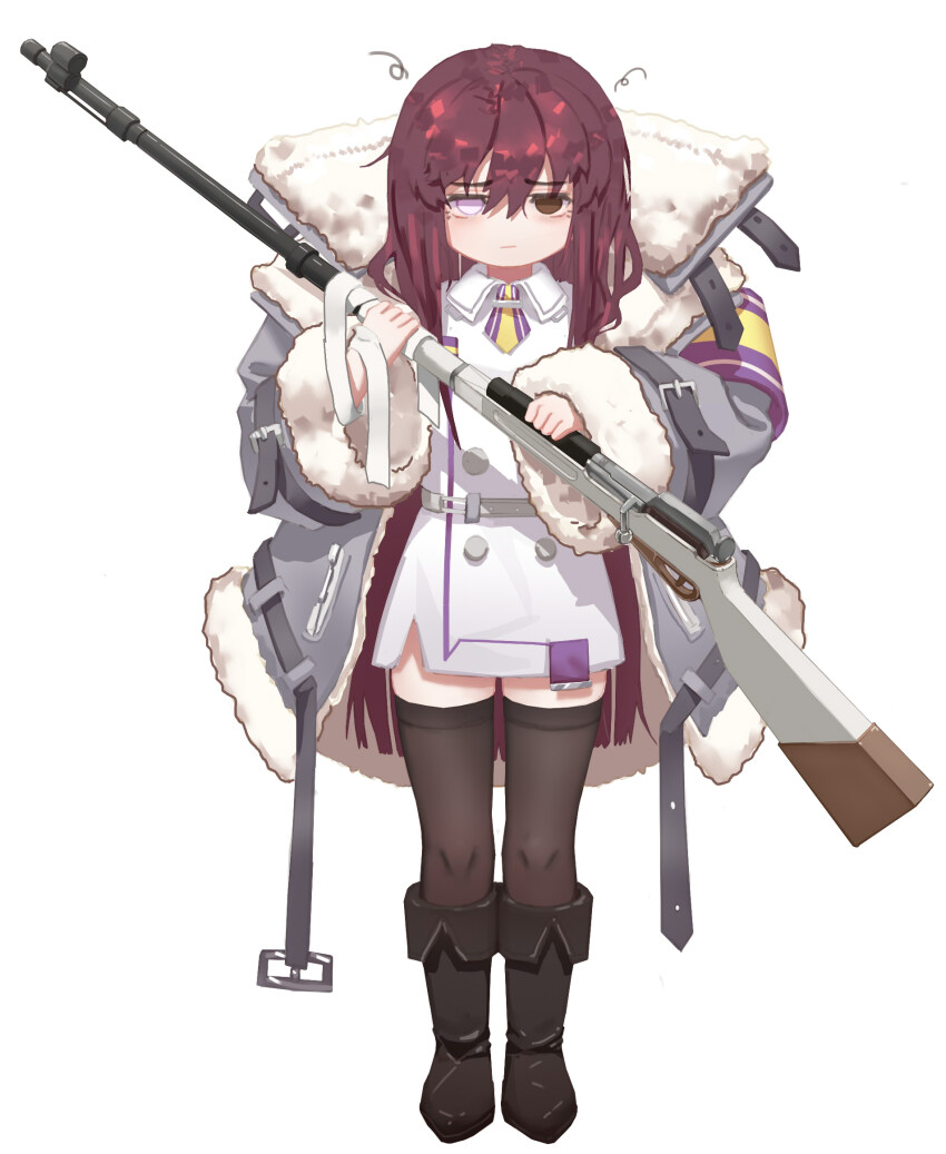 1girl aged_down bandages belt black_boots black_thighhighs boots brown_hair closed_mouth coat collared_dress commentary dress fur-trimmed_coat fur_trim greentree grey_belt grey_coat gun hair_between_eyes heterochromia highres holding holding_gun holding_weapon last_origin long_hair long_sleeves looking_at_viewer necktie oversized_clothes pink_eyes red_eyes side_slit sleeves_past_wrists solo standing thighhighs valkyrie_(last_origin) very_long_hair weapon white_background white_dress