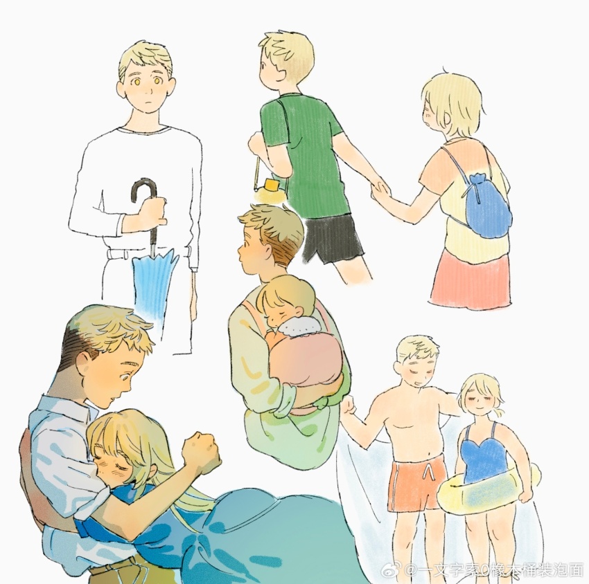 1boy 1girl aged_down baby black_pants blonde_hair blue_bag blue_dress blue_one-piece_swimsuit brother_and_sister carrying carrying_person child chinese_commentary closed_eyes closed_mouth commentary_request contemporary dress dungeon_meshi falin_touden green_shirt hand_up highres holding holding_hands holding_towel holding_umbrella hug innertube laios_touden long_hair long_sleeves looking_at_viewer male_swimwear mingdamitang one-piece_swimsuit orange_male_swimwear pants shirt short_hair short_sleeves siblings simple_background swim_ring swim_trunks swimsuit t-shirt towel umbrella undercut very_short_hair watermark weibo_watermark white_background white_pants white_shirt yellow_eyes yellow_innertube yellow_shirt