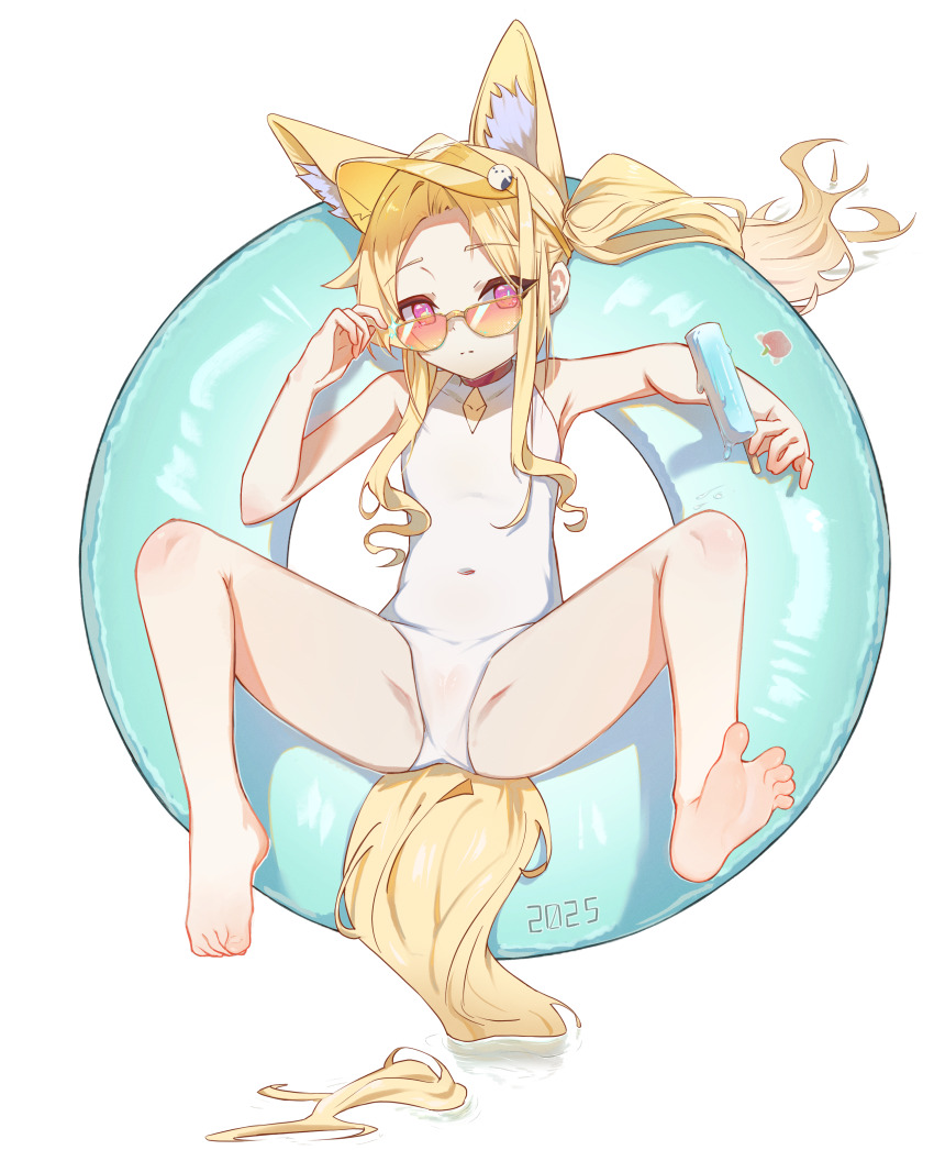1girl absurdres animal_ear_fluff animal_ears appledogg blonde_hair blue_archive breasts clothing_cutout covered_navel cross_halo diamond_cutout fox_ears fox_girl fox_tail halo highleg highleg_one-piece_swimsuit highres innertube long_hair m_legs official_alternate_costume official_alternate_hairstyle one-piece_swimsuit orange-tinted_eyewear orange_eyes seia_(blue_archive) seia_(swimsuit)_(blue_archive) side_ponytail simple_background sitting small_breasts solo spread_legs sunglasses swim_ring swimsuit tail tinted_eyewear visor_cap white_background white_one-piece_swimsuit yellow_halo yellow_visor