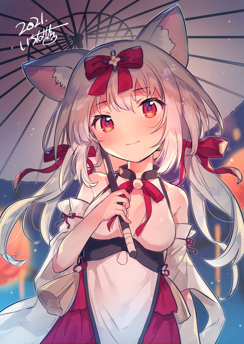 1girl absurdres animal_ear_fluff animal_ears azur_lane bare_shoulders blurry blurry_background bow breasts closed_mouth cloud commentary_request depth_of_field grey_hair grey_umbrella hair_between_eyes hair_bow highres holding holding_umbrella ichihaya long_hair long_sleeves looking_at_viewer low_twintails medium_breasts night night_sky outdoors red_bow red_skirt signature skirt sky smile solo twintails umbrella white_sleeves wide_sleeves yukikaze_(azur_lane)