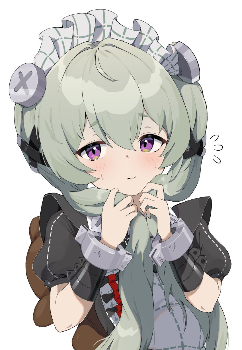 1girl absurdres animal_bag apron bear_bag blush bow bowtie corin_wickes green_hair highres holding holding_own_hair light_blush looking_at_viewer maid maid_apron maid_headdress purple_eyes screw_hair_ornament simple_background solo twintails white_apron wrist_cuffs yukin_(yukin8210) zenless_zone_zero