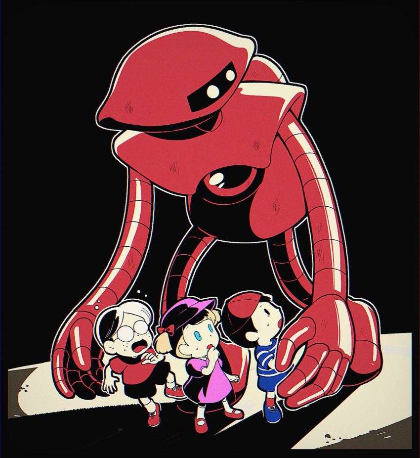 1girl 2boys ana_(mother) backwards_hat black_hair black_shorts blonde_hair blue_eyes blue_footwear blue_shirt child dress eve_(mother) glasses hand_on_own_face hand_up hat highres hoshi_(star-name2000) lloyd_(mother) looking_to_the_side mechanical_arms mother_(series) mother_1 multiple_boys ninten nintendo open_mouth pink_dress pink_hat protecting red_footwear red_hat red_shirt robot shirt shorts simple_background striped_clothes sweat translation_request twintails