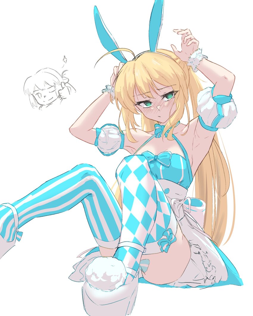 1boy 1girl absurdres ahoge animal_ear_hairband animal_ears artoria_caster_(fate) artoria_caster_(swimsuit_berserker)_(fate) artoria_caster_(swimsuit_berserker)_(second_ascension)_(fate) artoria_pendragon_(fate) bare_shoulders blonde_hair blue_dress blue_thighhighs blush bow breasts brian_(delknoder) checkered_thighhighs detached_sleeves dress fake_animal_ears fate/grand_order fate_(series) green_eyes hairband highres long_hair oberon_(fate) one_eye_closed puffy_short_sleeves puffy_sleeves rabbit_ears short_sleeves small_breasts thighhighs thumbs_up twintails two-tone_thighhighs