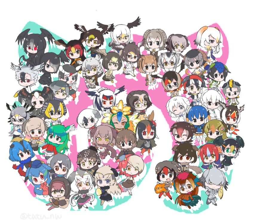 &gt;:) &gt;:d 10s 6+girls :/ :d ;) acorn_woodpecker_(kemono_friends) annotated arctic_tern_(kemono_friends) arms_at_sides atlantic_puffin_(kemono_friends) bald_eagle_(kemono_friends) bandaid bandaid_on_face bandaid_on_nose barn_owl_(kemono_friends) bird_wings black_eyes black_hair blonde_hair blue_eyes blue_hair bodystocking bow bowtie brown_eyes brown_hair campo_flicker_(kemono_friends) chibi chips_(food) chukar_partridge_(kemono_friends) coat collar common_cuckoo_(kemono_friends) dark-skinned_female dark_skin darwin&#039;s_finch_(kemono_friends) dodo_(kemono_friends) dress egg electric_guitar empty_eyes emu_(kemono_friends) eurasian_eagle_owl_(kemono_friends) flower food forest_owlet_(kemono_friends) full_body fur_collar fur_trim gastornis_(kemono_friends) glasses goldcrest_(kemono_friends) golden_eagle_(kemono_friends) gradient_hair greater_bird-of-paradise_(kemono_friends) greater_honeyguide_(kemono_friends) greater_rhea_(kemono_friends) greater_roadrunner_(kemono_friends) green_hair green_pheasant_(kemono_friends) grey_eyes grey_hair guadalupe_caracara_(kemono_friends) guitar hair_flower hair_ornament harpy_eagle_(kemono_friends) hat hawk_(kemono_friends) head_wings heterochromia highres instrument japanese_bush_warbler_(kemono_friends) japanese_cormorant_(kemono_friends) jungle_crow_(kemono_friends) kemono_friends king_vulture_(kemono_friends) kyuushuu_owl_(kemono_friends) little_owl_(kemono_friends) long_hair long_sleeves looking_at_viewer low_ponytail martial_eagle_(kemono_friends) marvellous_spatuletail_(kemono_friends) multicolored_hair multiple_girls navel neck_ribbon north_island_brown_kiwi_(kemono_friends) north_island_giant_moa_(kemono_friends) northern_goshawk_(kemono_friends) northern_white-faced_owl_(kemono_friends) okinawa_rail_(kemono_friends) one_eye_closed open_hand open_mouth orange_eyes orange_hair ostrich_(kemono_friends) outstretched_arms passenger_pigeon_(kemono_friends) peafowl_(kemono_friends) peregrine_falcon_(kemono_friends) pince-nez pink_hair ponytail potato_chips purple_eyes red_eyes red_hair red_junglefowl_(kemono_friends) resplendent_quetzal_(kemono_friends) ribbon rock_dove_(kemono_friends) rock_ptarmigan_(kemono_friends) ross&#039;s_gull_(kemono_friends) sarashi scarf secretarybird_(kemono_friends) shoebill_(kemono_friends) short_hair side_ponytail skirt smile smug southern_cassowary_(kemono_friends) spectacled_owl_(kemono_friends) standing striated_caracara_(kemono_friends) superb_lyrebird_(kemono_friends) tatsuno_newo twitter_username v-shaped_eyebrows very_long_hair very_short_hair waving white-naped_crane_(kemono_friends) white_background white_hair white_peafowl_(kemono_friends) wings yatagarasu_(kemono_friends) yellow_eyes